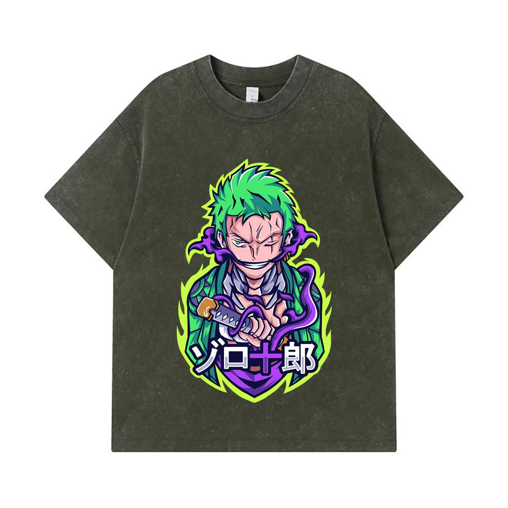 275 GSM Washed T-shirts 100 Cotton One Piece V80 Zoro Print Unisex Heavy Cotton T Shirt S армия зеленый 2190₽