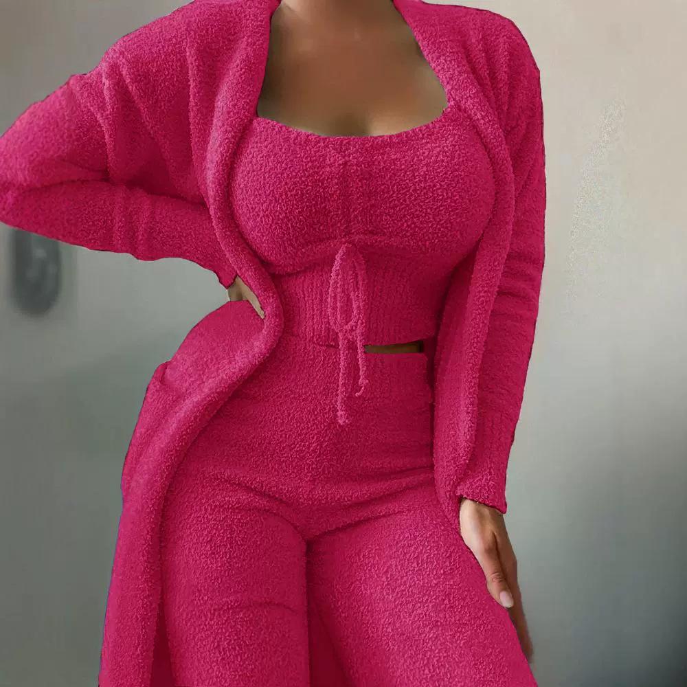 Set 3 Pezzi Cardigan Casual da Donna Autunno/Inverno con Lacci e Pantaloni in Peluche