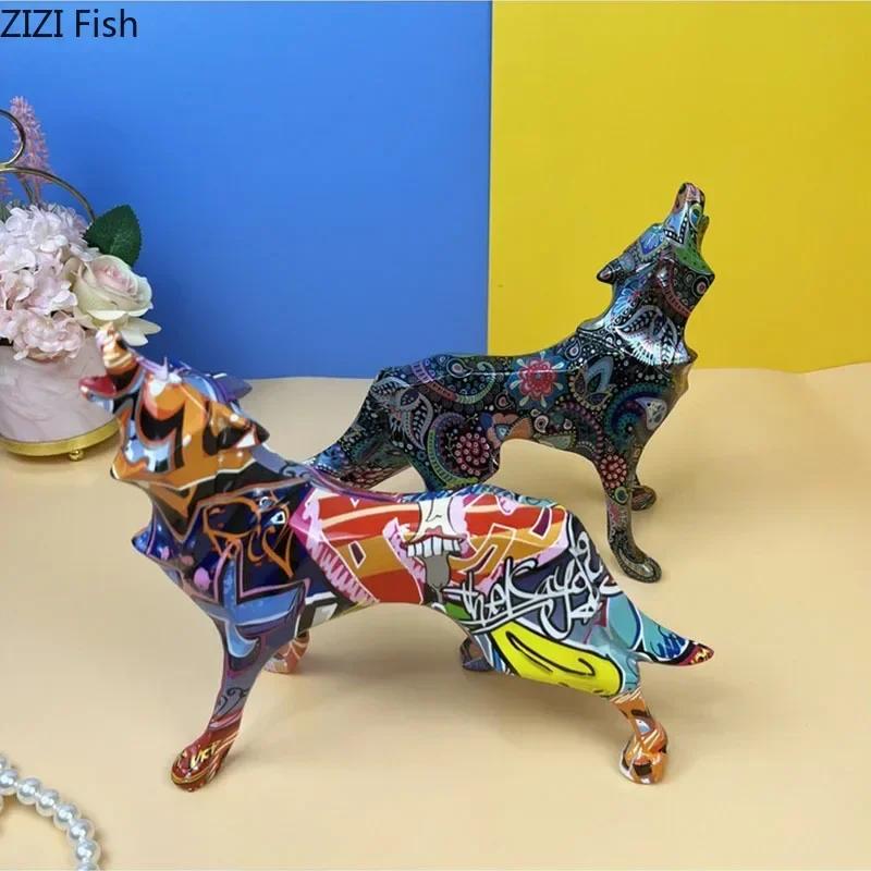 Colorful Graffiti Wolf Sculpture Desk Decoration Painted Crafts Animal Statue Ornaments Modern Home Decor Colorful Graffiti Wolf