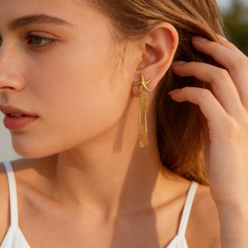 Fashion Long Tassel Starfish Pendant Earrings Stainless Steel Gold Plated Drop Earrings for Women Dainty Vacation Daily Jewelry