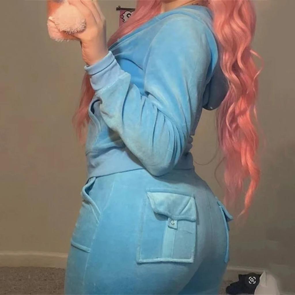 2 Pieces of Women's Outfit Fall Winter Women's Tracksuit Crystal Hoodies and Pant Sets Y2K Velvet Tracksuit