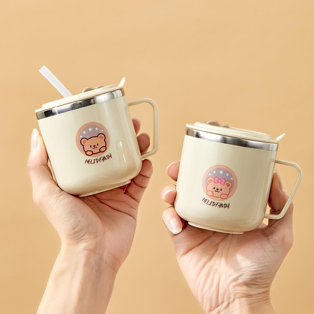 WORTHBUY 270ML Mini Cute Children Water Cup Tumbler With Handle&Straw 316 Stainless Steel Double-layer Insulated Milk Coffee Cup