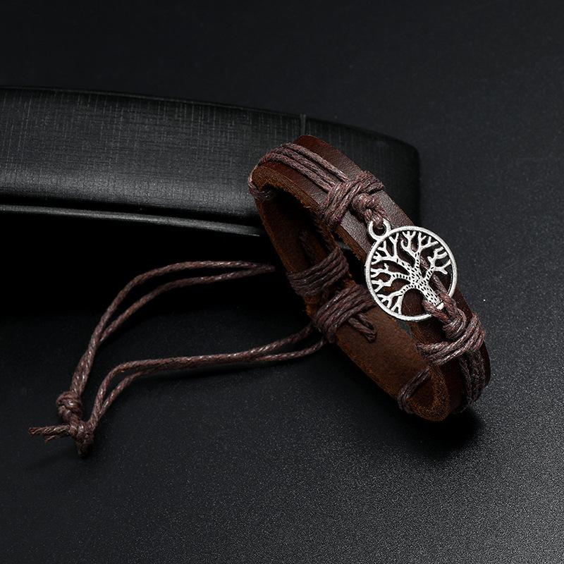 Braided Wrap Leather Bracelets for Men Vintage Life Tree of Rudder Charm Wood Beads Ethnic Tribal Wristbands