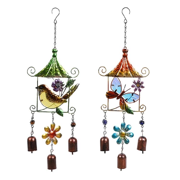 Paitned Bird Butterfly Metal Glass Wind Chimes Garden Wind Catcher for Outside Hanging Pendant Ornament Home Window Decor