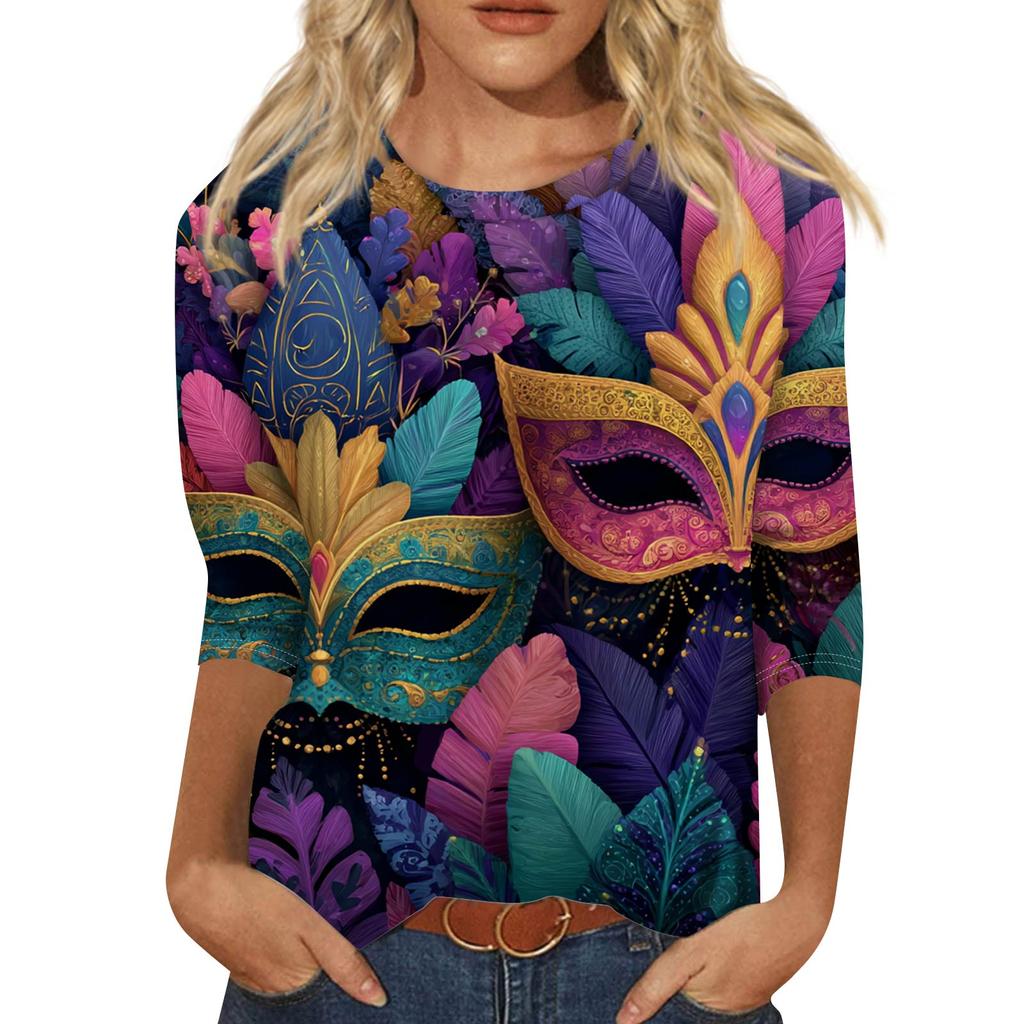 Top de Cuello con Estampado de Carnaval de Manga Tres Cuartos Casual y a la Moda para Mujer