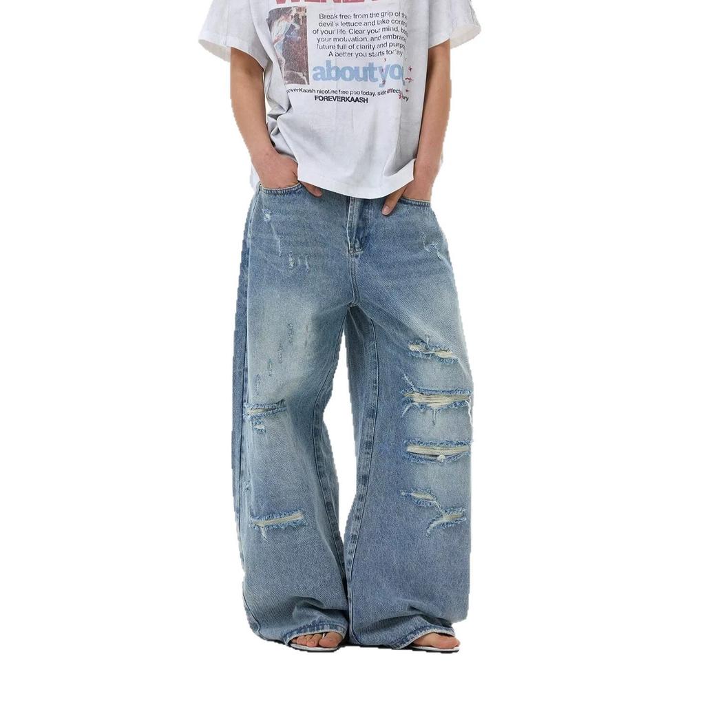 American Ripped Wide-leg Jeans Men's Spring New Thin Loose Retro Mopping Straight Pants