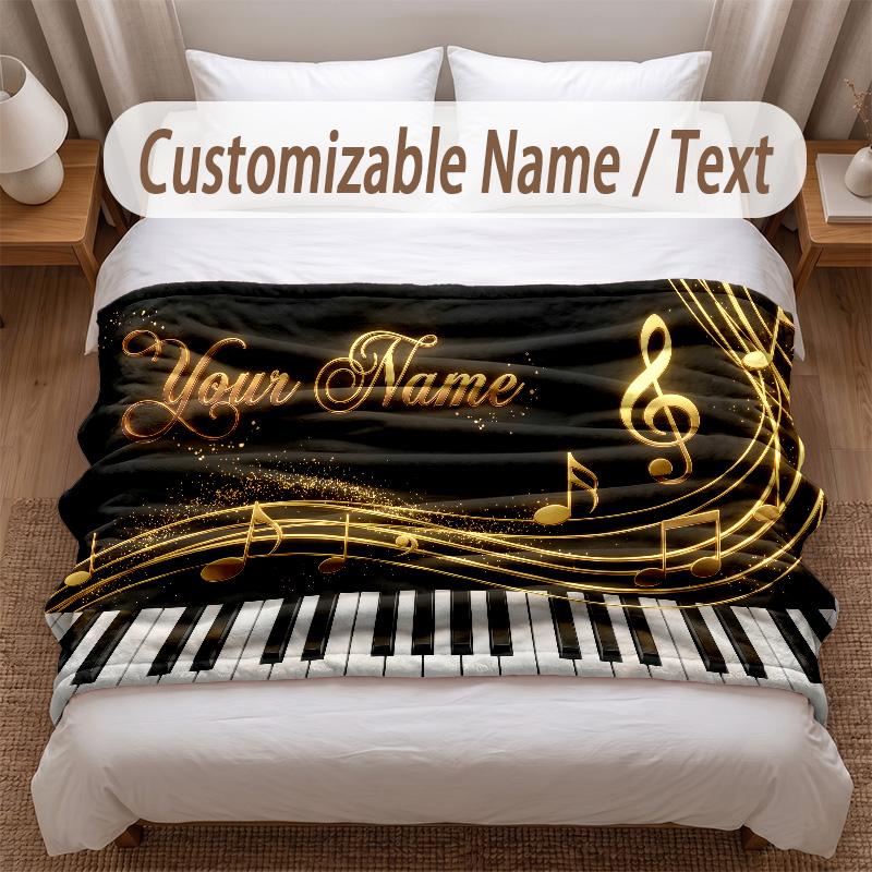 Music Piano Theme Soft Blanket Personalized Custom Name Text Print Warm Blanket Home Sofa Bedroom Decor