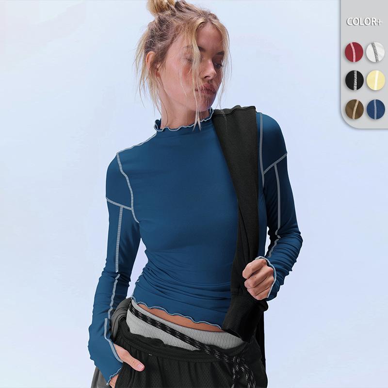 Women S Color Block Long Sleeve T Shirt Ruffled Mock Neck Slim Fit Top