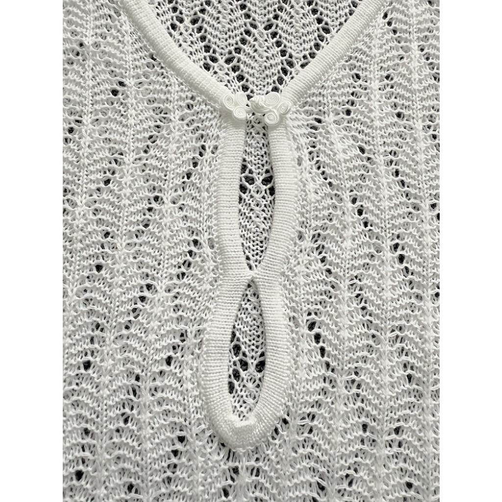 New European American Style Hollow Out Knit Beach Cover Up Sexy Long Sleeve Mini Dress Vacation Wear