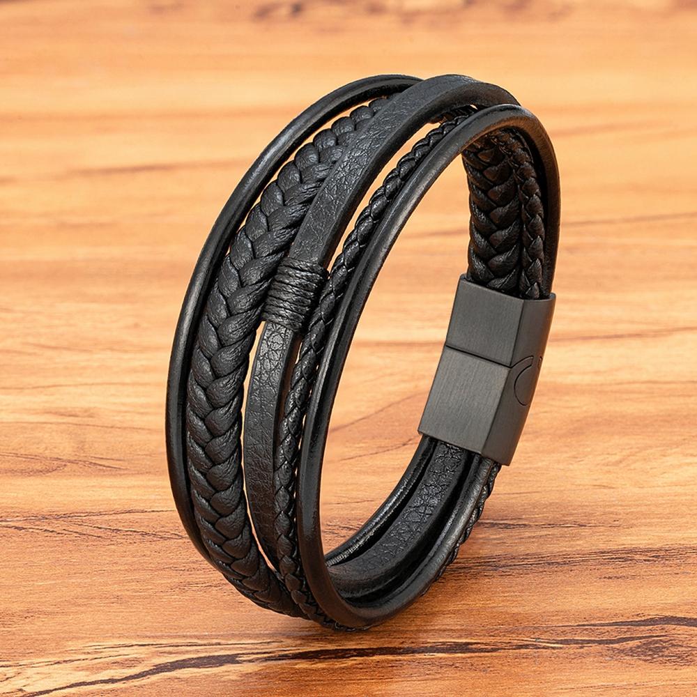 Luxury Fashion Hand-Woven Leather Bracelet Multilayer Men's Bangles Stainless Steel Magnetic Buckle Party Jewelry Gift