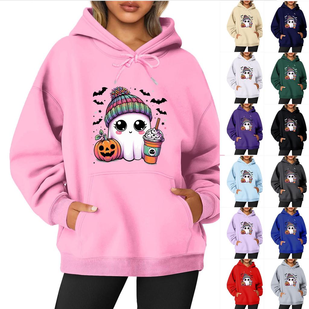 Haut à col rond et manches longues pour femme, imprimé Halloween, sweat à capuche de couleur unie