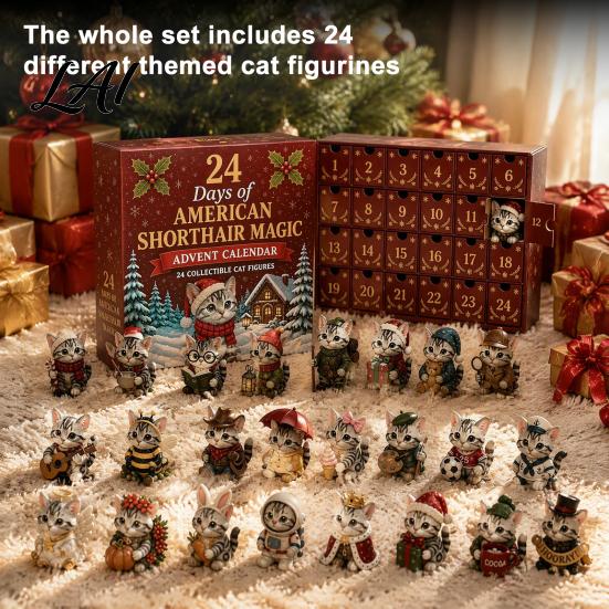 Desktop Decorative Advent Calendar Days Christmas Figurines 24 with Acrylic Cat Figurines, Countdown Small