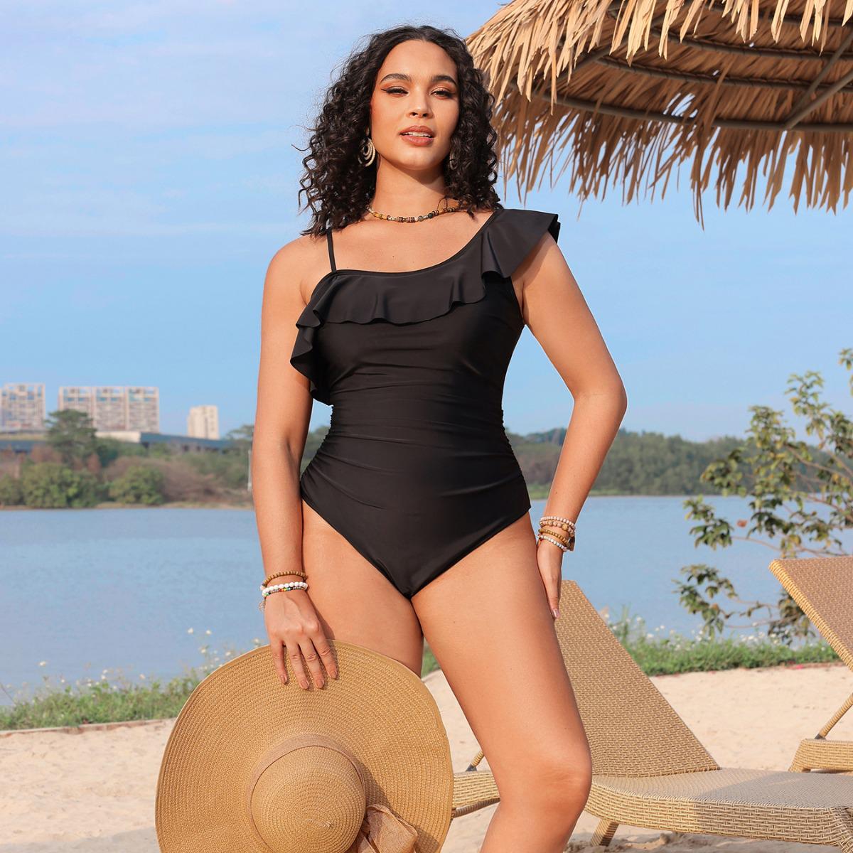 

Shencai Lace Ruched One-Shoulder Swimsuit P2409 XL чорний