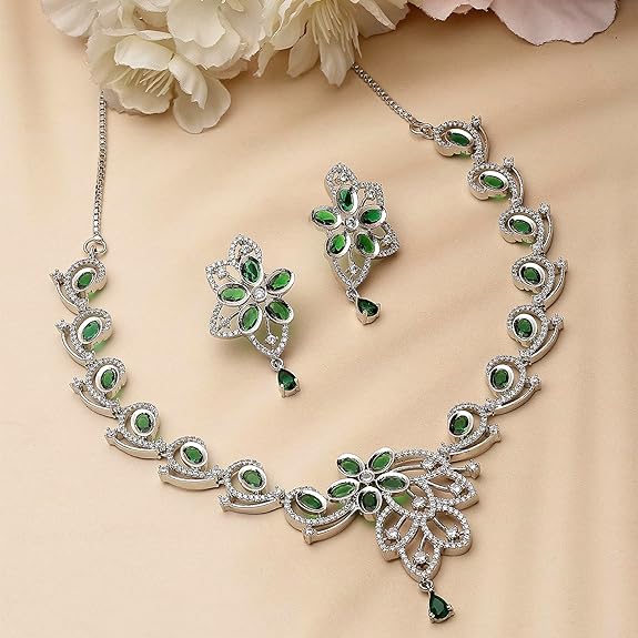 Rhodium-Plated American Diamond Studded Floral & Paisley Shaped Necklace With Earrings Jewellery Set For Girls and Women