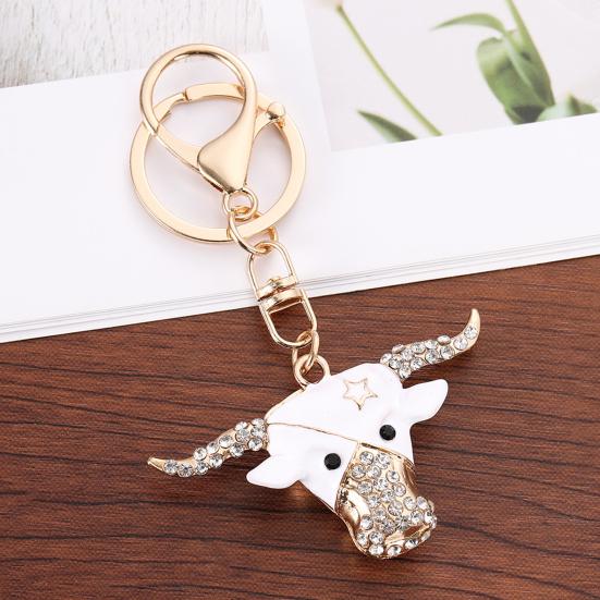Creative Bull Head Keychain Alloy Animal Pendant with Colored Rhinestone Lobster Clasp Stylish Accessory for Keys Bags Backpacks Gift