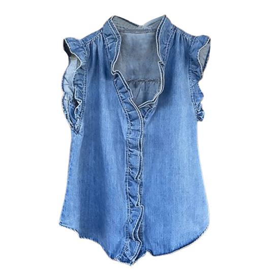 Denim Ruffled Women Shirt V-Neck Collar Sleeveless Buttons Placket Shirt Tops Solid