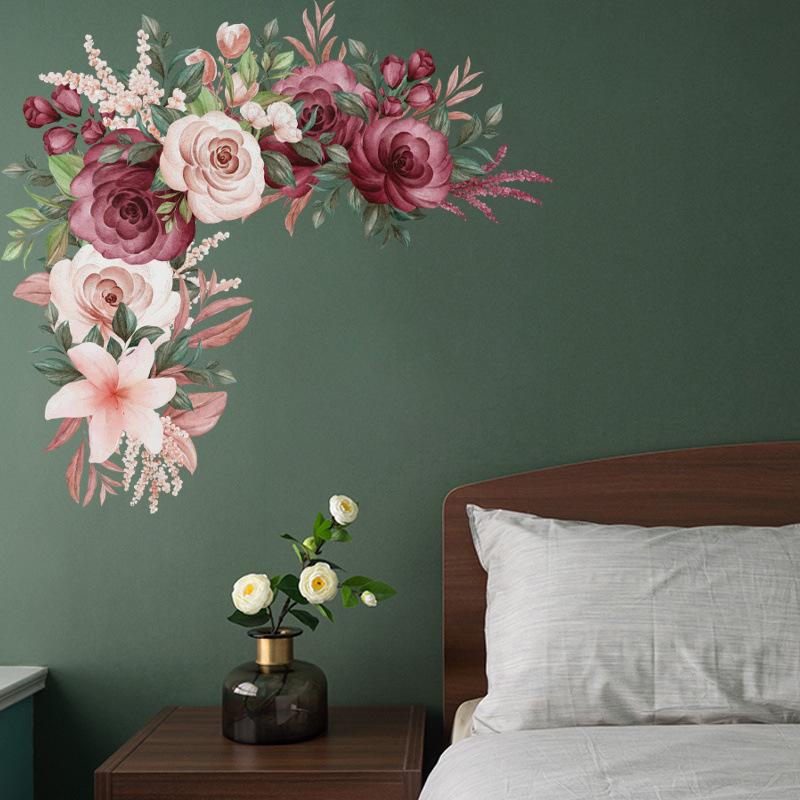 Elegantes Rot Rosa Pfingstrose Blume Wandsticker Selbstklebendes Abziehbild für Schlafzimmer Wohnzimmer Heim Wanddeko
