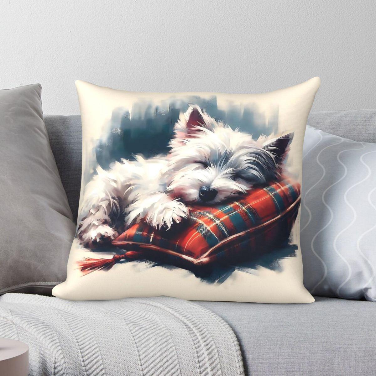 Exquisite Ornaments Unisex Westie Sleeping Square Pillowcase Polyester Linen Velvet Creative Zip Decor Room Cushion Cover 18