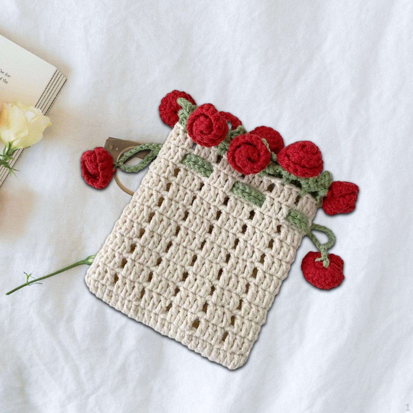 

Completed Crochet Shoulder Bag Hand Woven Handbag Knitted Rose Bouquet Drawstring Pouch бежевий