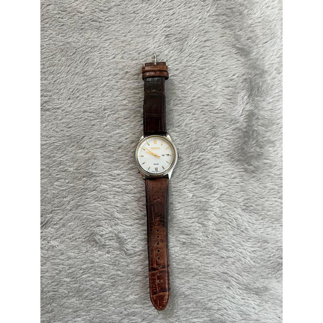 SEIKO solar watch white dial brown leather belt