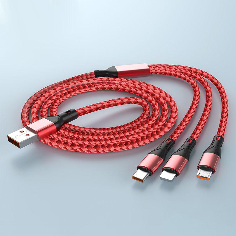 

Кабель для передачі даних 3-в-1 66 Вт для швидкого заряджання Кабель для заряджання мобільного телефону Type-c Надшвидкий кабель для заряджання IPhone Android 1.2m червоний