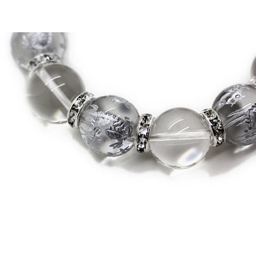 Ishiki Natural Quartz Crystal 16mm Silver Carved Four Divine Beasts Quartz Crystal 16mm Prayer Bead Bracelet for Money, Career, and Wealth (b329)