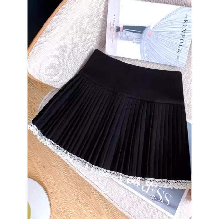 Spring Sexy Pleated Lace-Trim High Waist Woolen Skirt