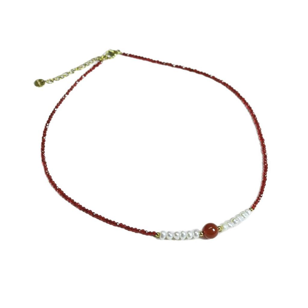 Chinesischer Retro Neujahrs Süßwasserperlen & Roter Achat Halskette mit Roter Kristall Schlüsselbein Kette für Damen