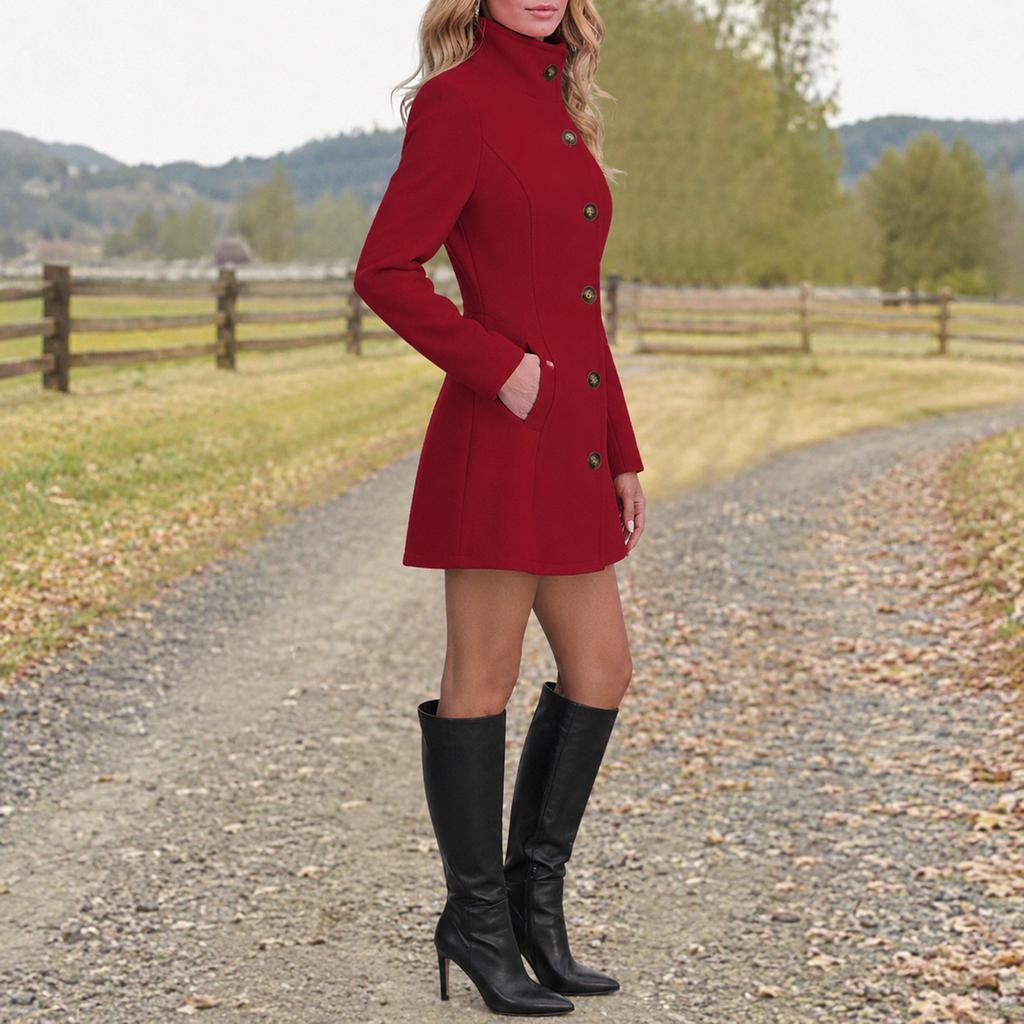 Women's Casual Wool Stand Collar Coat for Fall Winter Outwear