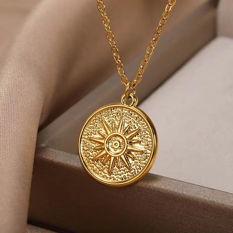 2025 Sun Moon Coin Pendant Necklace For Women Cute Fashion Gold Color Stainless Steel Round Necklace Sweet Jewelry Her Gifts