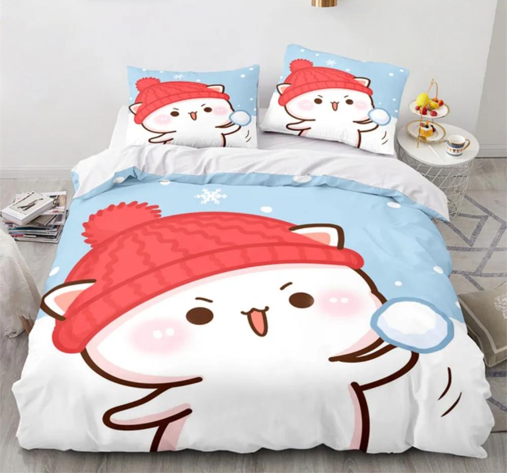 Peach Cat Bedding Quilt Cover Set 3Pcs Bedding Set Goma Cute Cats Duvet Cover Infantil Bedclothes Single Double Queen King Size
