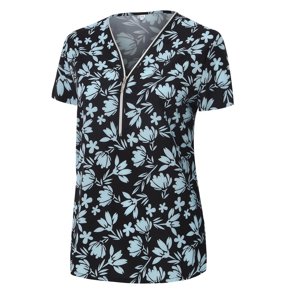 Women Ladies Plus Size Print Zipper Short Sleeve V-neck Pullover Tops Shirt