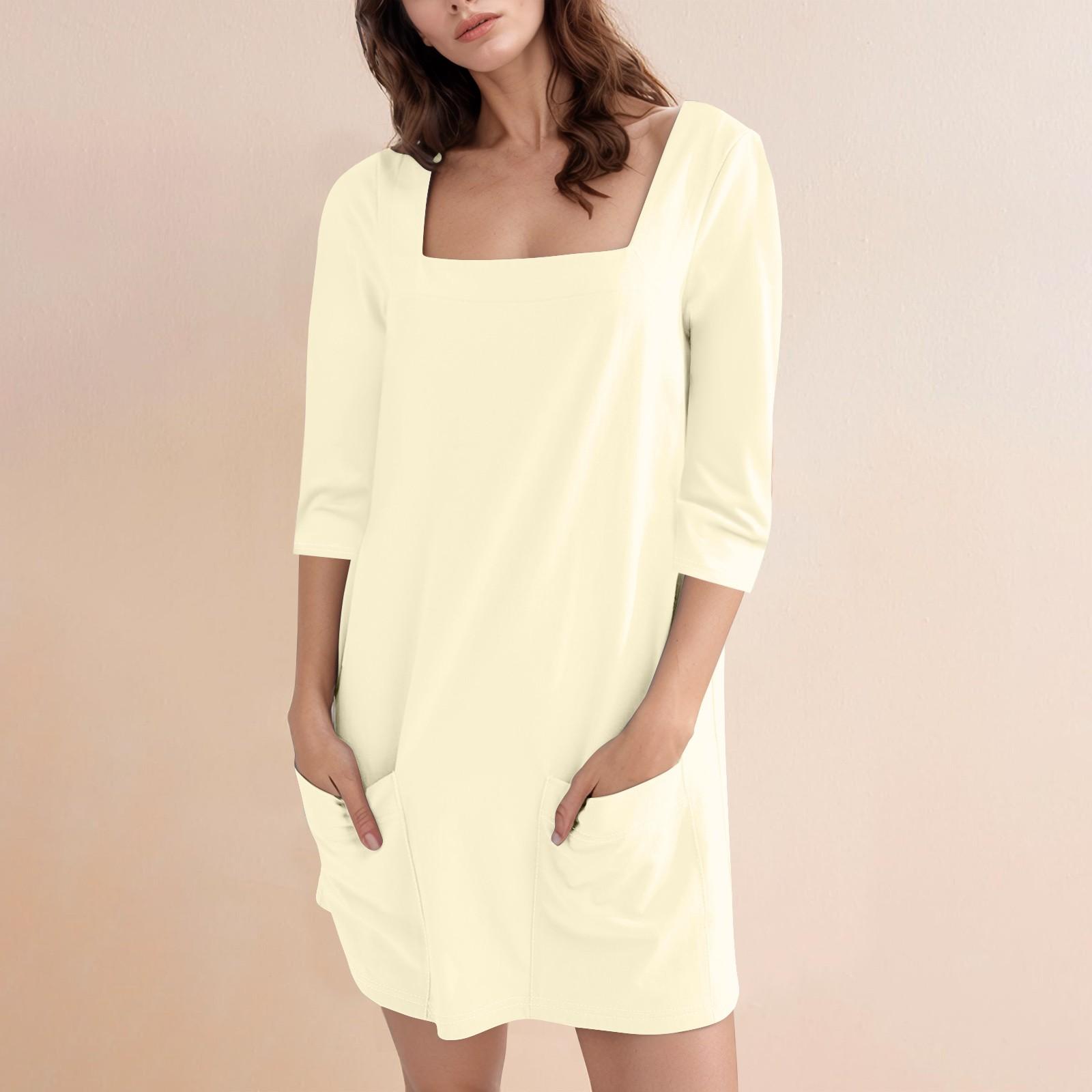 

Женское модное повседневное однотонное короткое платье с квадратным вырезом и рукавом 3/4 M бежевый