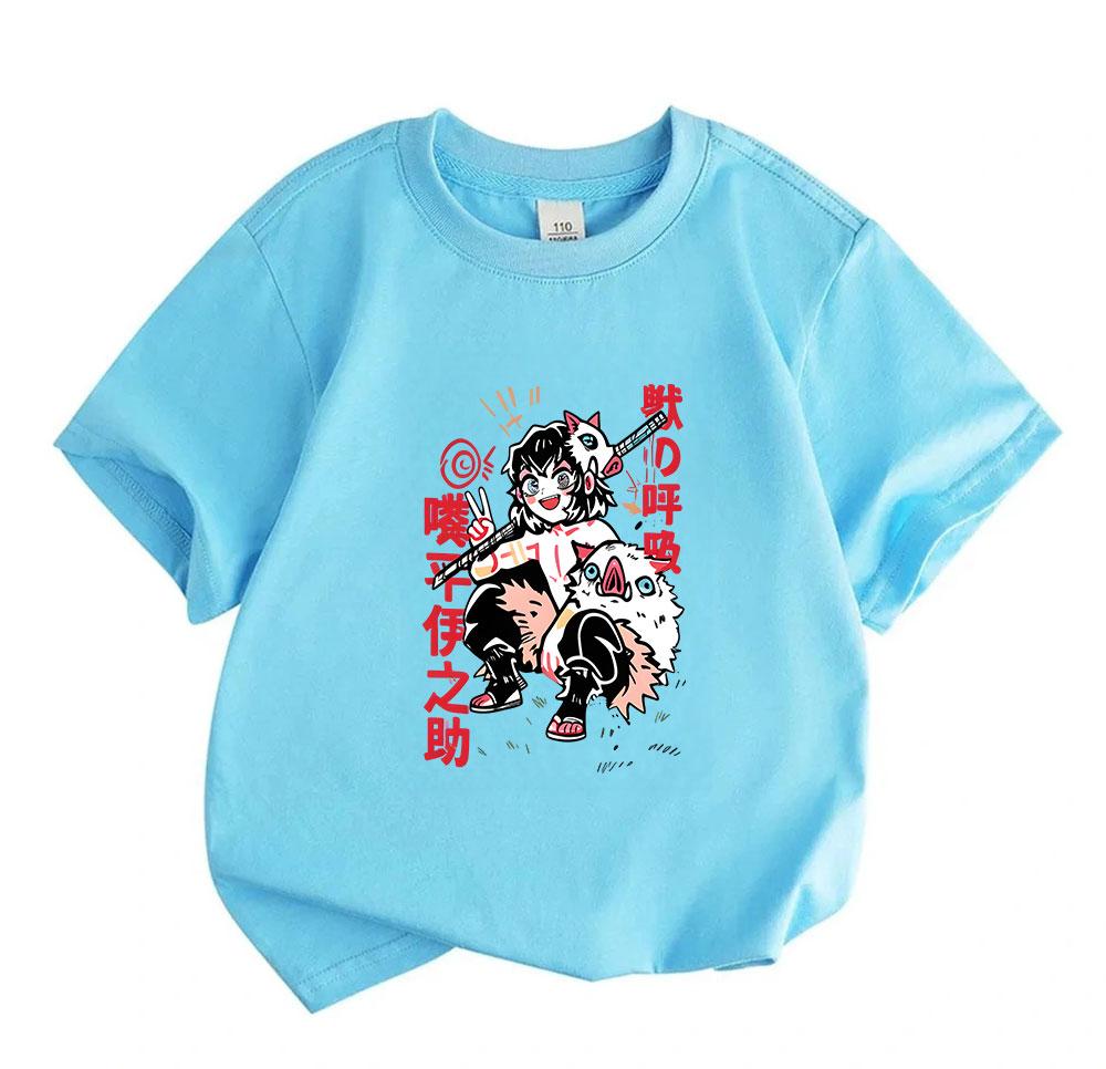 Kids Boys Girls 100% Cotton Crew Neck Short Sleeve T-Shirt, Cute Anime Character Print Casual Summer Tees for Cartoon Demon Slayer Fans Daily Wear Out