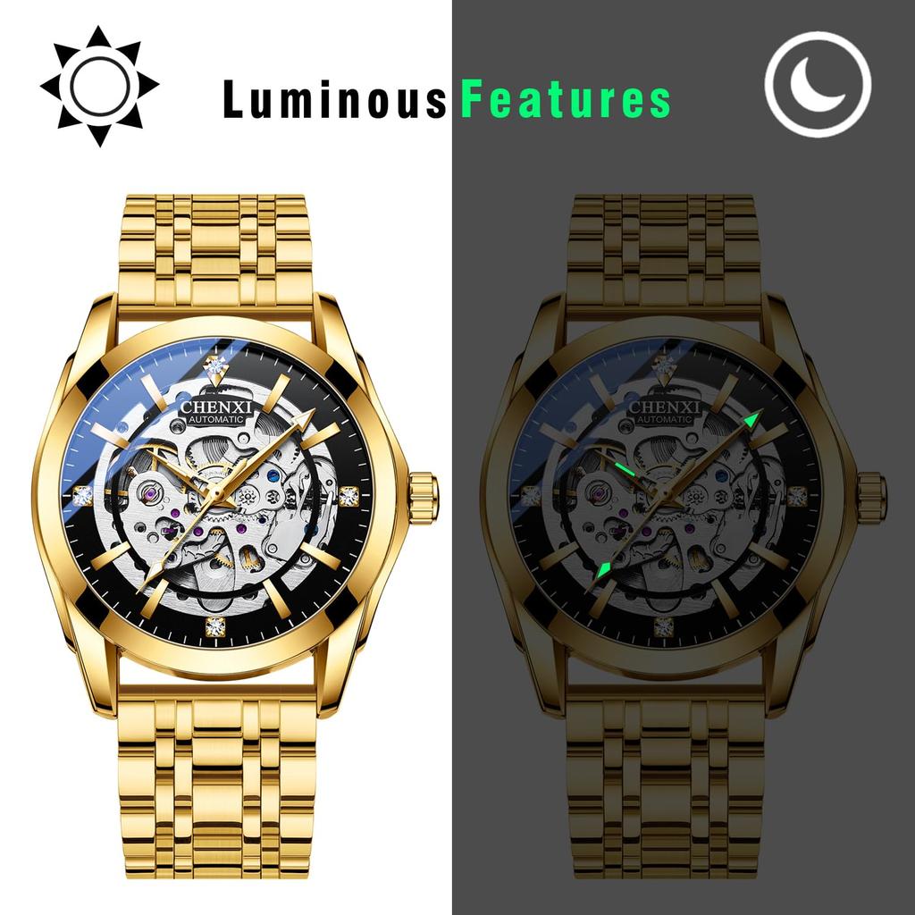 Men's Automatic Mechanical Watch 3ATM Waterproof Luminous Analog Display Stainless Steel Adjustable Belt Gold Fashion Accessory