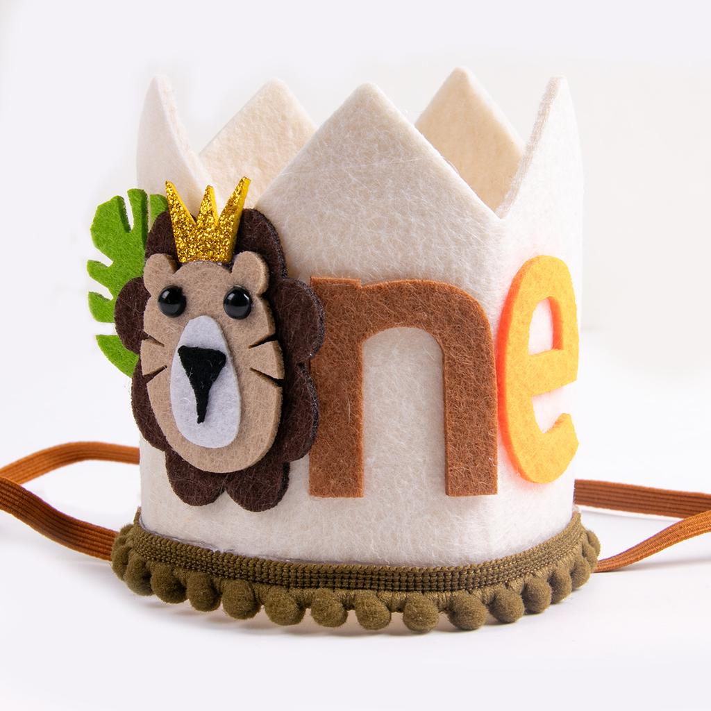 Jungle Safari Animal Lion One 1 Year Birthday Crown Headband Hat Happy Birthday Party Decor Kids Baby Shower 1st Birthday Party