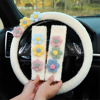 Plush Flowers Car Steering Wheel Cover Seat Belt Cover Shoulder Pad Lamb Fleece Tissue Box Car Styling Cute Accessories