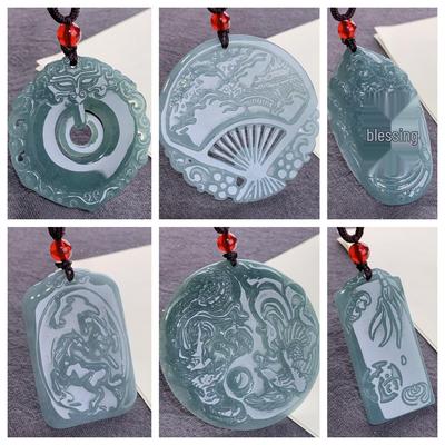 Natural A-Grade Jadeite Blue Water Multi-Subject Blessing Card Fan Pendant