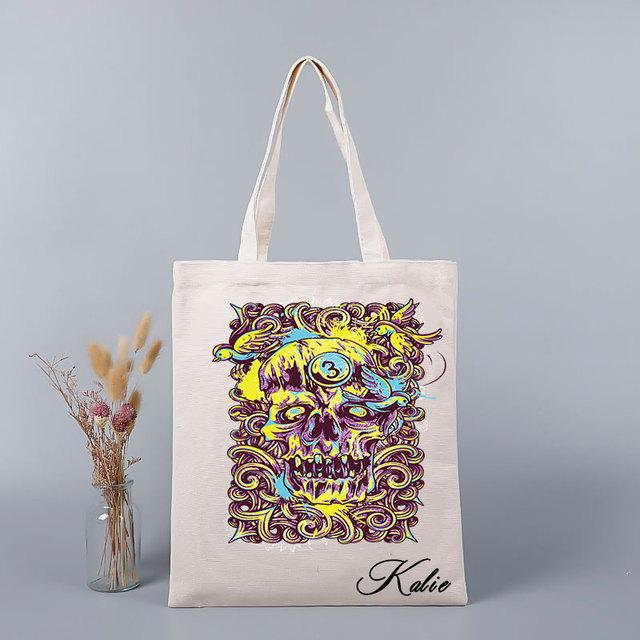 Geantă de tote de vară cu imprimeu personalizat cu nume, geantă de cumpărături cu craniu, geantă de cumpărături pentru doamnă, geantă de pânză pentru cumpărături, geantă de mână ecologică pentru femei Harajuku, fată, umăr