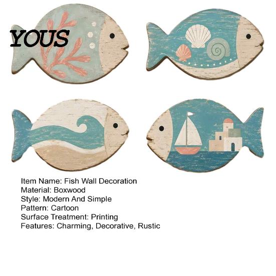 Ocean Theme Wall Decorations for Bedroom 4Pcs Wooden Hanging Fish Art, Coastal Bathroom Plaque with Nautical Handcrafted Art Living Room Bedroom,