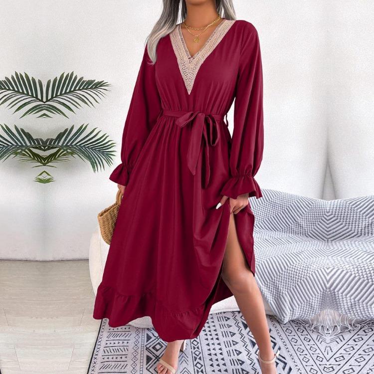 Women Summer Lace Up V Neck High Waist A Line Dress Solid Color Ruffle Edge Spring Fashion