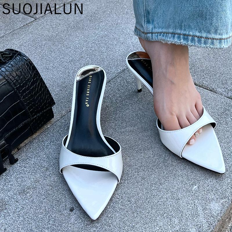 Fashion SUOJIALUN 2025 Summer New Brand Women Slides Fashion Pointed Toe Slip On Ladies Sexy Slipper Thin High Heel Dress Pumps Sandal