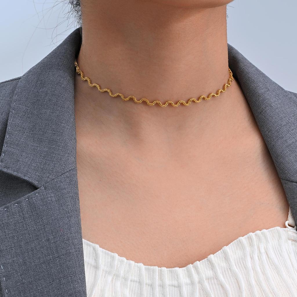 Stainless Steel Chic Wave Chain Necklace for Women, High Quality Gold Plated Choker Necklace, Fashion Waterproof Jewelry Gift