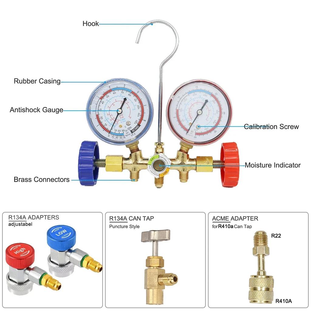 3-way AC manifold instrument cluster, R12 R22 R404A R134A refrigerant HVAC diagnostic charging tool, adjustable quick coupling