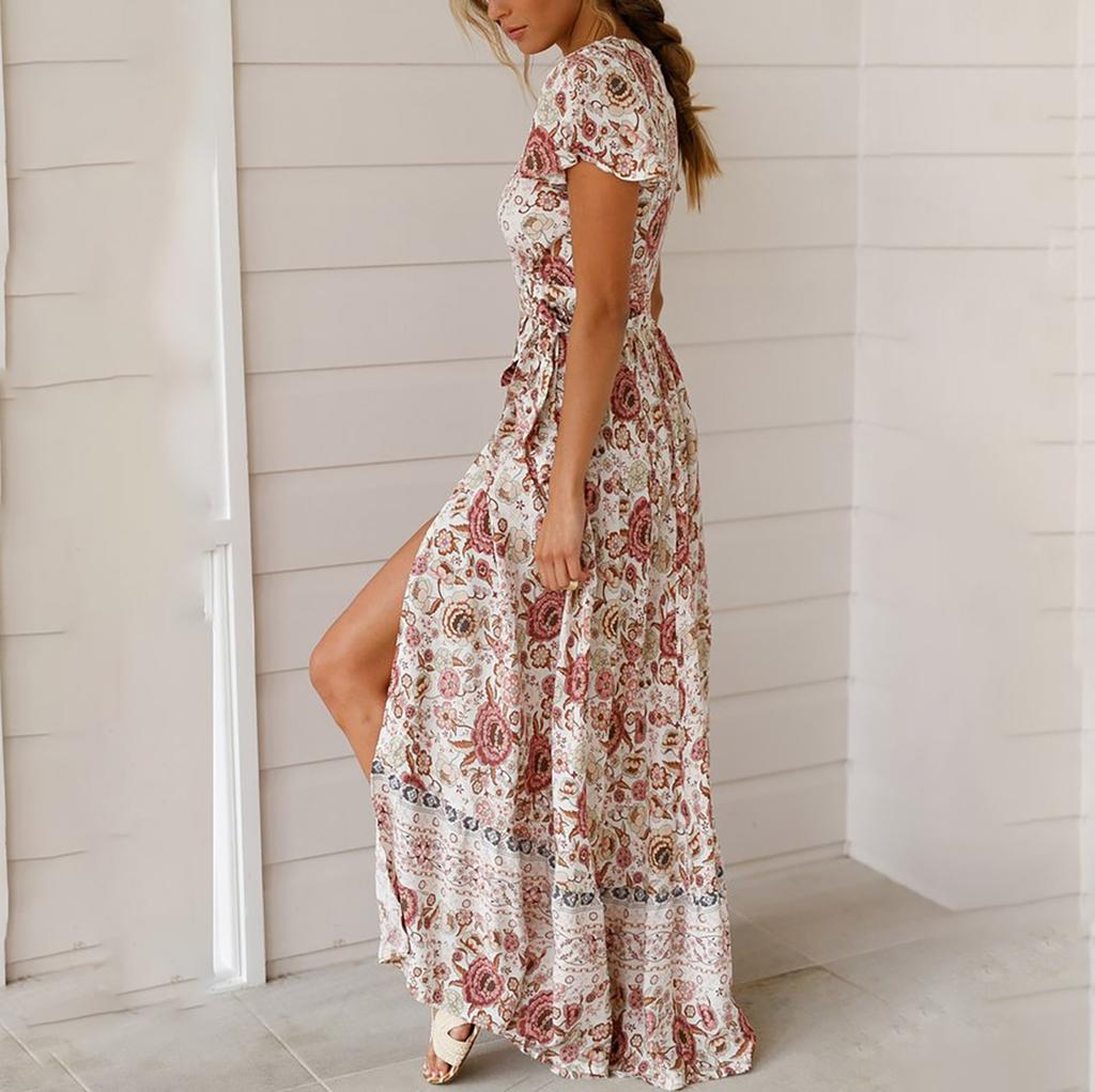 Damen Sexy V-Ausschnitt Strickjacke Broken Bouquet Taillengürtel Split Print Langes Kleid