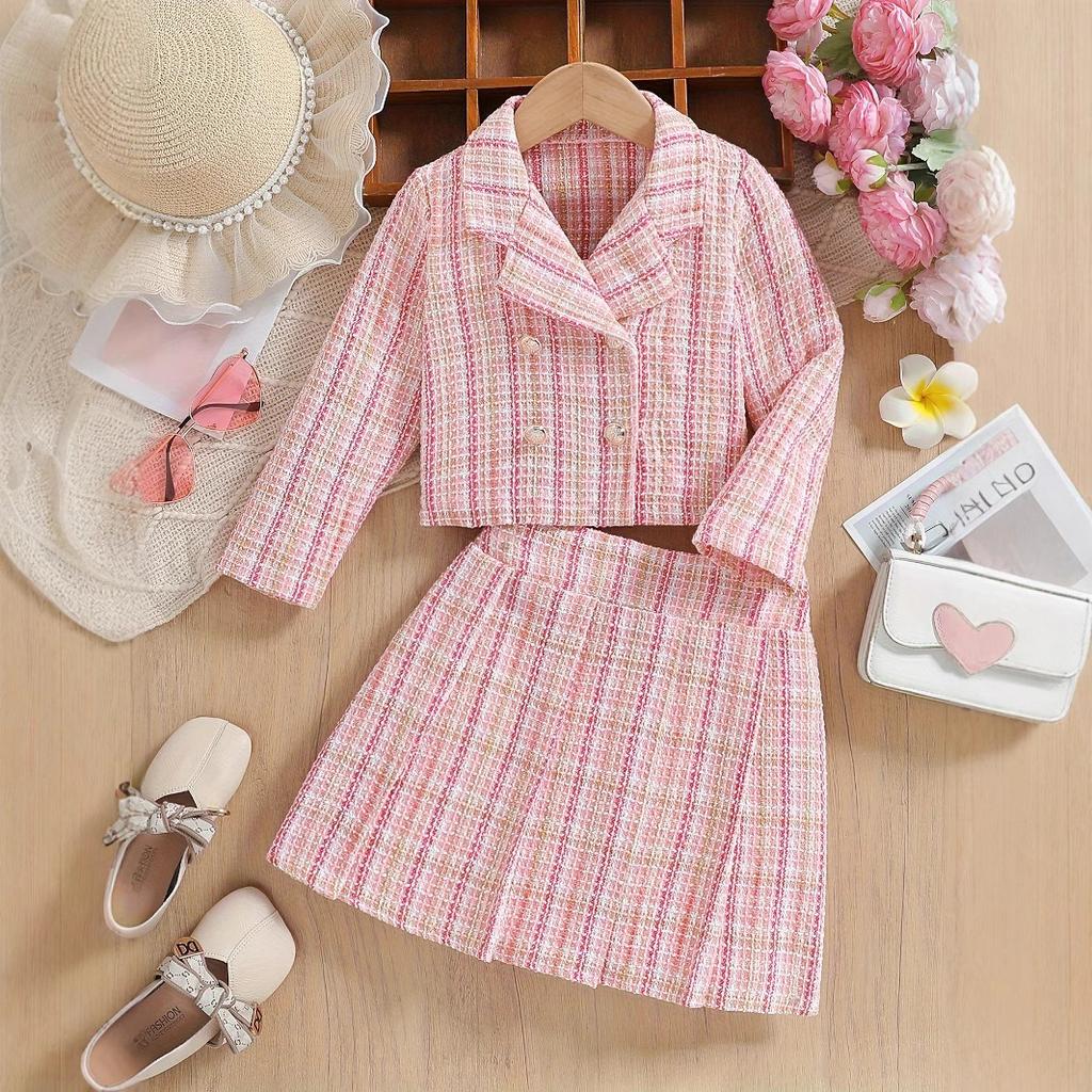 Girls' Fashion Two-Piece Set - Winter-Spring Children's Sweet Pink Check Sleeveless Top + Short Skirt Set