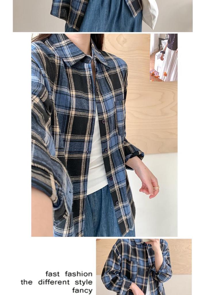 Women's Retro Plaid Long Sleeve Shirt - Spring/Autumn Loose Fit, Korean Style Casual Jacket