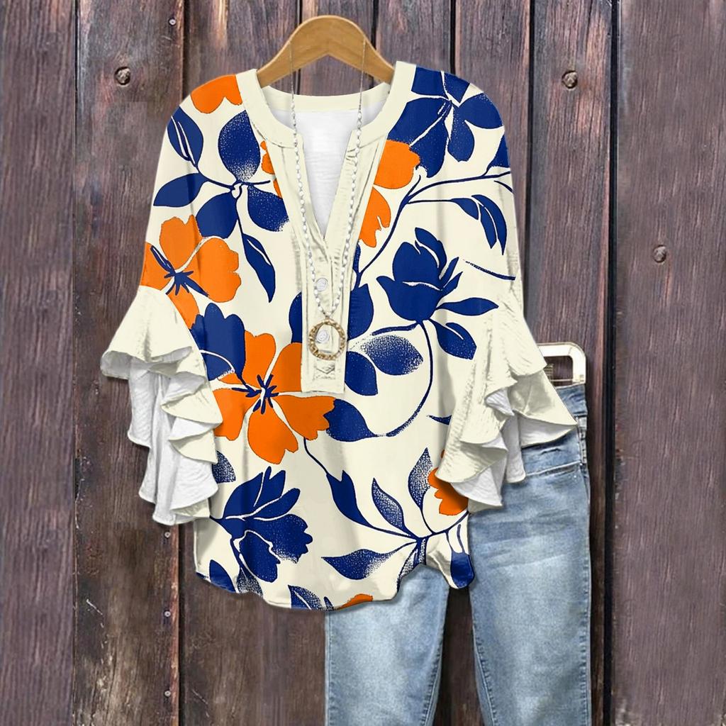 Summer Tops For Women Cute V Neck 3/4 Sleeve Blouses Floral Print Top Casual Shirts