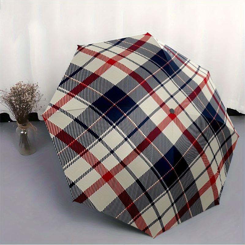 1 ks Automatický skládací deštník se vzorem Tartan - Přenosný skládací design s 8 žebry, Odolný plastový a železný rám, Neformální venkovní doplněk