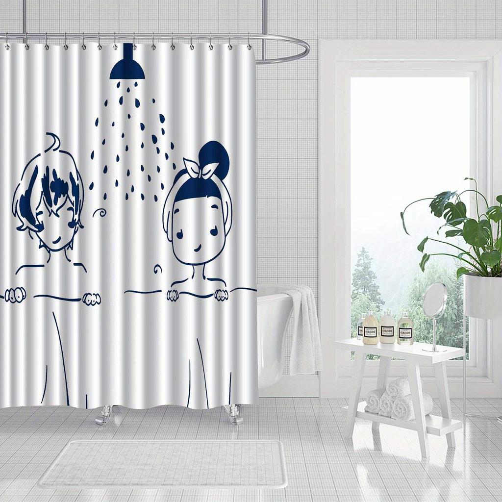 1Pc Elegant Cartoon Hand-Painted Shower Curtain, Made Of Polyester, Bathroom Decoration, Machine Washable, Includes Hooks.